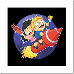 Boy and Girl Riding New Year Firework Posters and Art